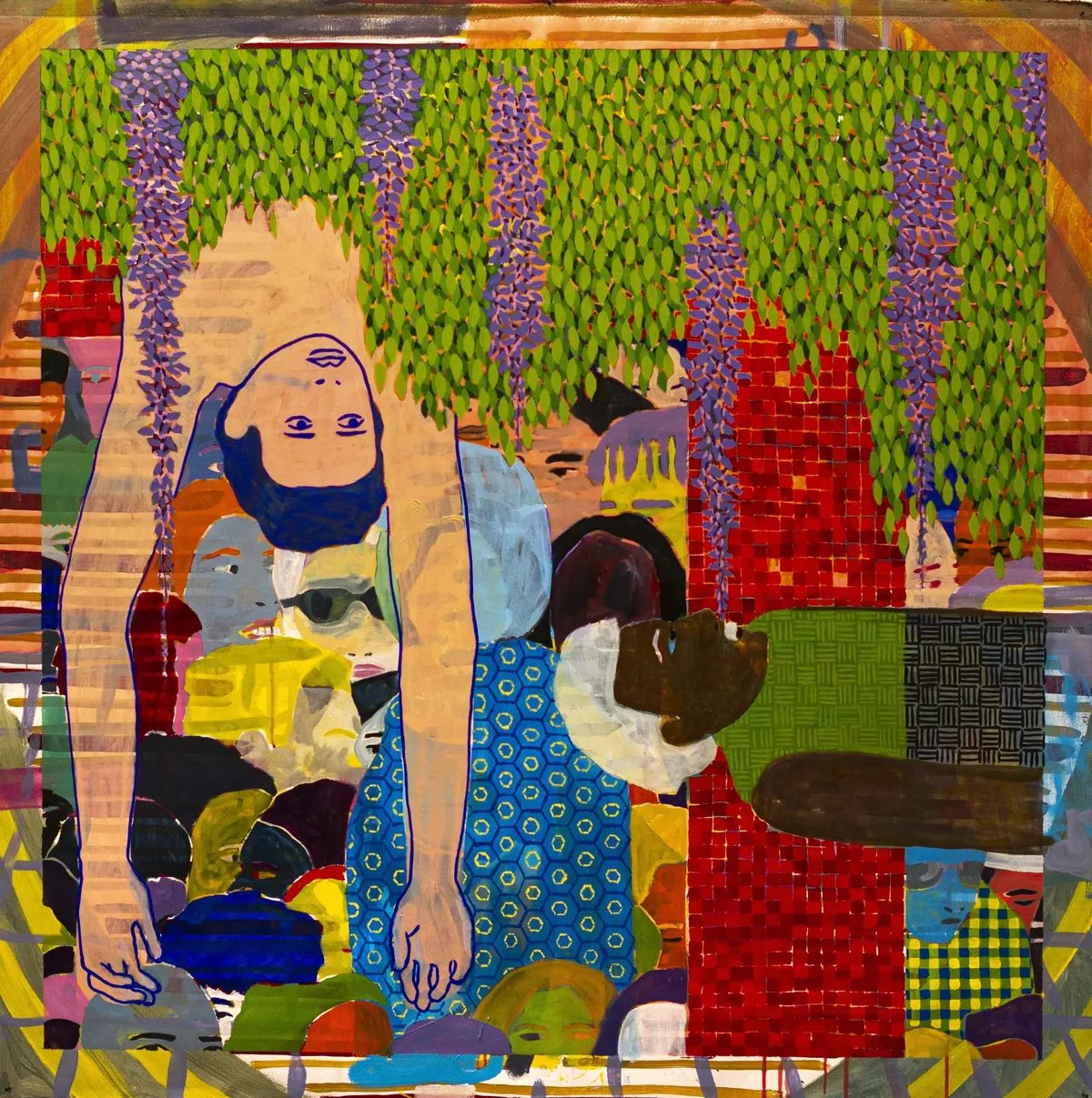 Pintura de colores intensos con figuras entre glicinas y una multitud de rostros